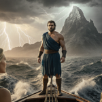 Matt Damon stands at the bow of a stormy ship with Charlize Theron and Tom Holland looking up to him and Mount Olympus behind