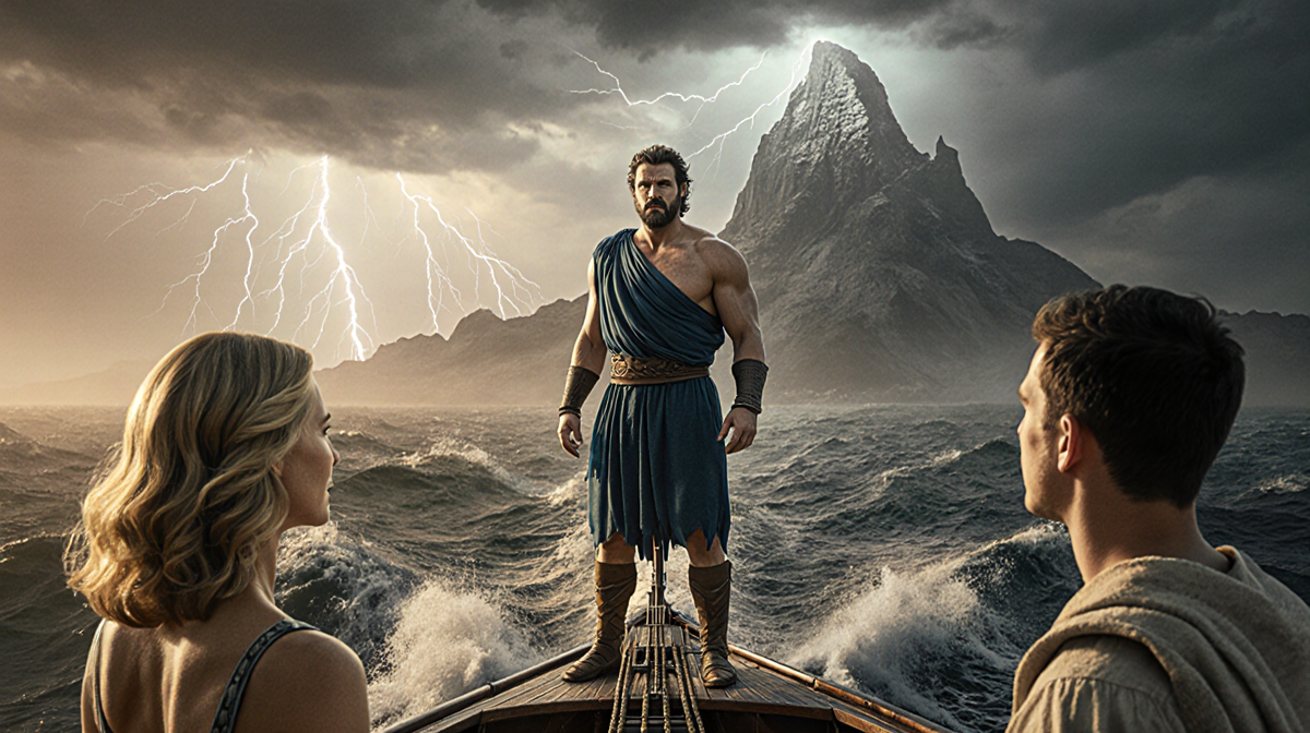 Matt Damon stands at the bow of a stormy ship with Charlize Theron and Tom Holland looking up to him and Mount Olympus behind