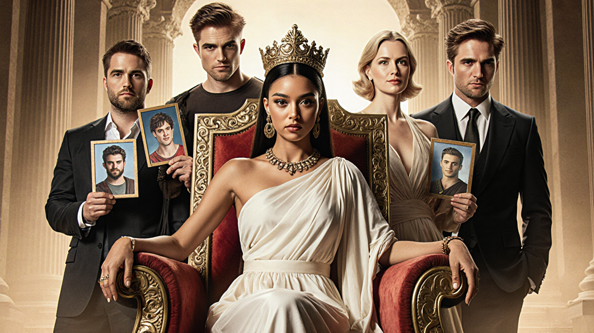 Zendaya sits on a throne with golden lighting and actors holding character headshots nearby.