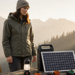 Female outdoorswoman standing beside Anker Solix F2000 portable station charging with solar panels and lantern near mountain
