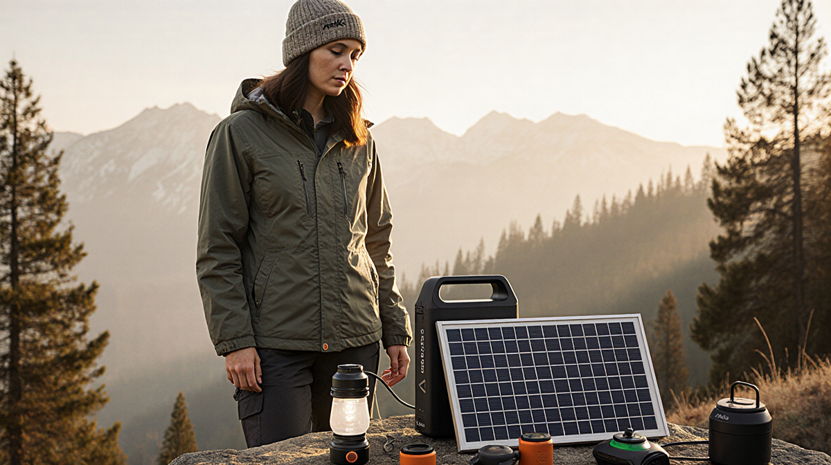 Female outdoorswoman standing beside Anker Solix F2000 portable station charging with solar panels and lantern near mountain