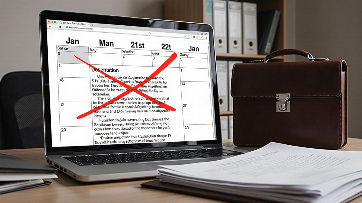 Laptop screen displays acquisition news with calendar showing January 21 and 22 marked with red X