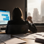 Person sitting with back to camera clasping hands at desk with glowing computer screen and stacked documents in view