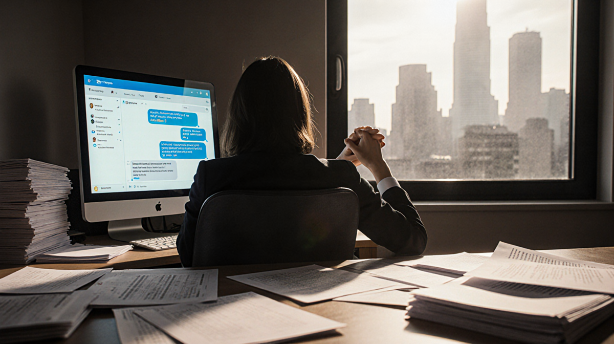 Person sitting with back to camera clasping hands at desk with glowing computer screen and stacked documents in view