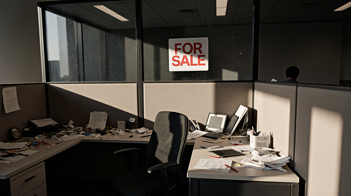 Office cubicle filled with clutter and a for sale sign in glass wall with natural light pouring in
