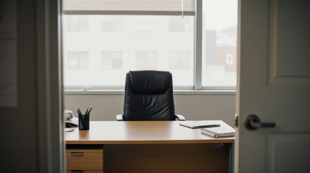 Office chair sits at empty desk with notebook and pen holder showing unlocked door ajar