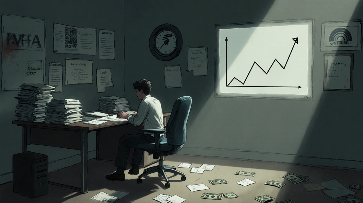 Person typing at desk with dim office and empty chair in background showing weak job growth.