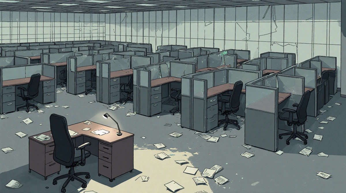 A dimly lit desk lingers with scattered papers in an empty cubicle after mass layoffs in a health department office