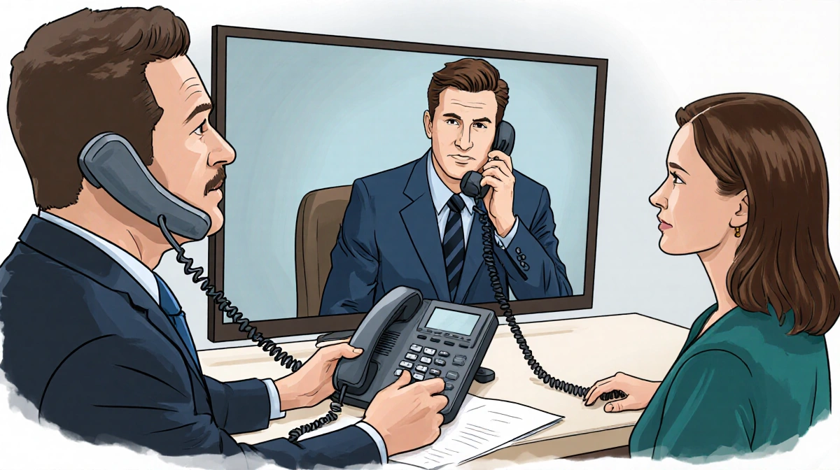 Officer Marvin Brown conducting phone interview with Timothy Busfield and Melissa Gilbert listening at desk with monitor show