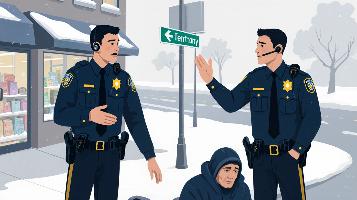 Two police officers help a shivering homeless man with one officer gesturing toward a store while speaking on his radio