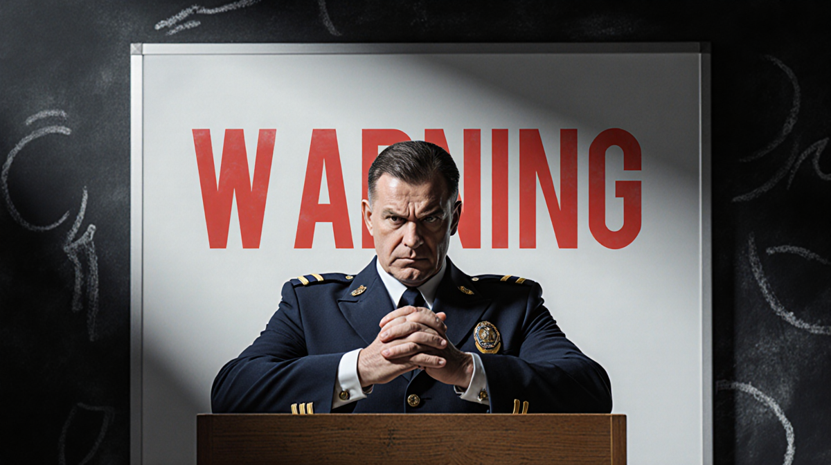 Official standing at podium with red WARNING sign behind and hands clasped showing concern