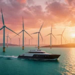 Offshore wind turbines turning at sunset with modern ship sailing past and golden sky reflecting on calm turquoise waters
