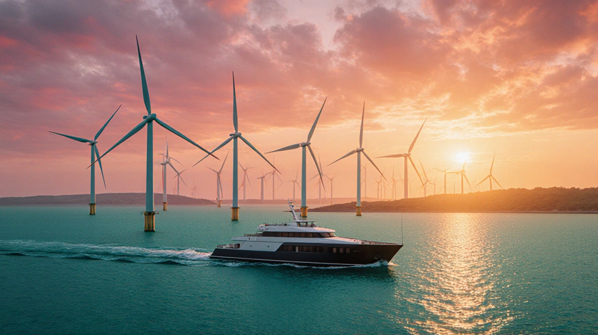Offshore wind turbines turning at sunset with modern ship sailing past and golden sky reflecting on calm turquoise waters
