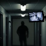 Flickering monitor shows grainy dentist office footage with security cameras and shadowy figure in dark hallway