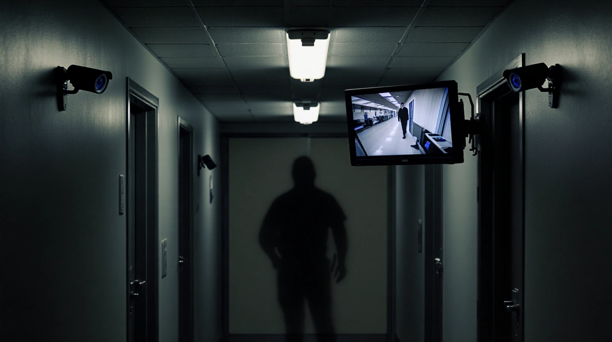 Flickering monitor shows grainy dentist office footage with security cameras and shadowy figure in dark hallway