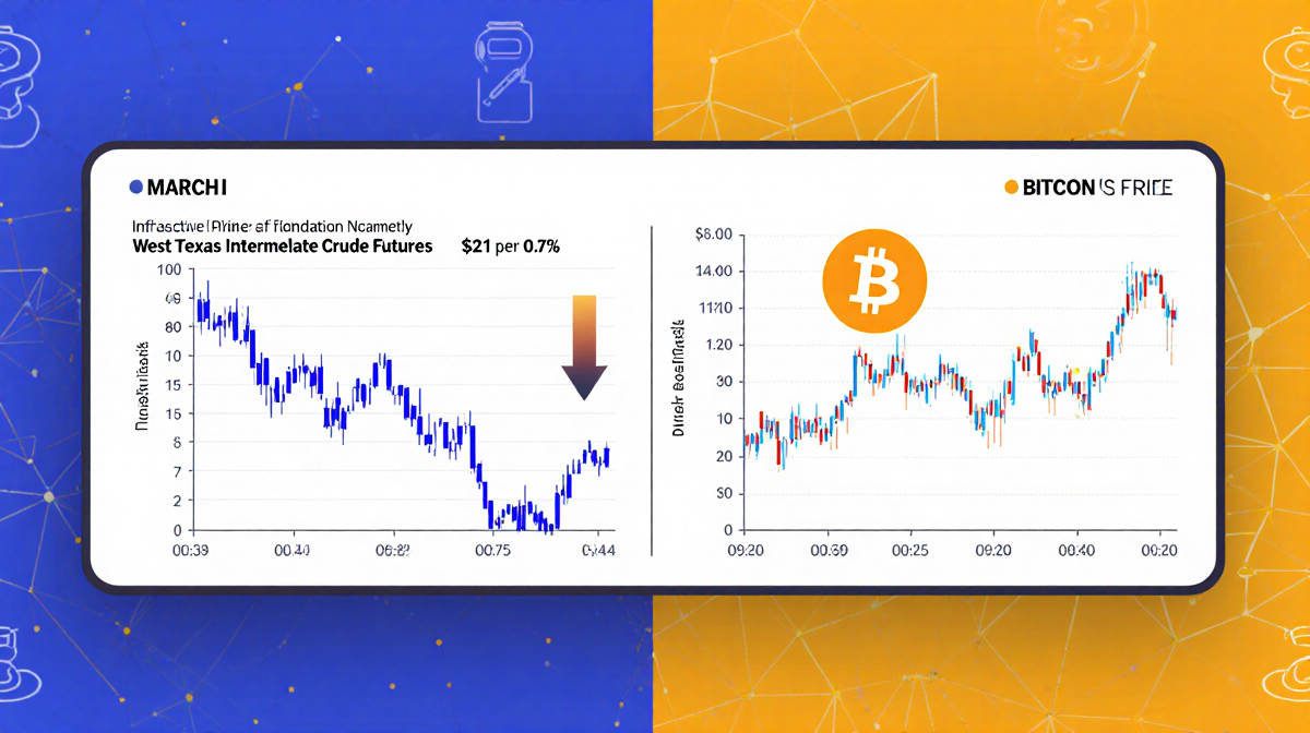 Split-screen chart showing West Texas Intermediate crude falling and Bitcoin rising with colors and negative correlation.