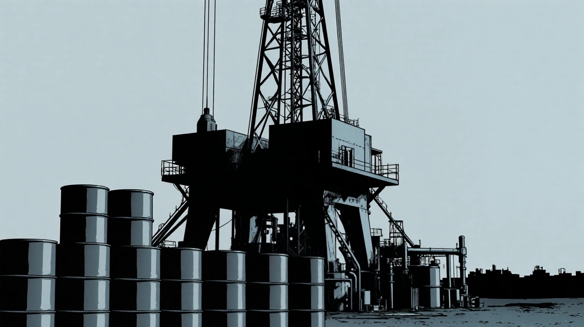 Oil rig drilling platform holding 300 billion oil barrels stacked at its base and intricate piping showing industrial scale