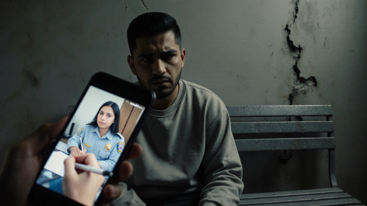 Person sitting on metal bench in detention facility with smartphone showing ICE officer on screen and cracked walls in backgr