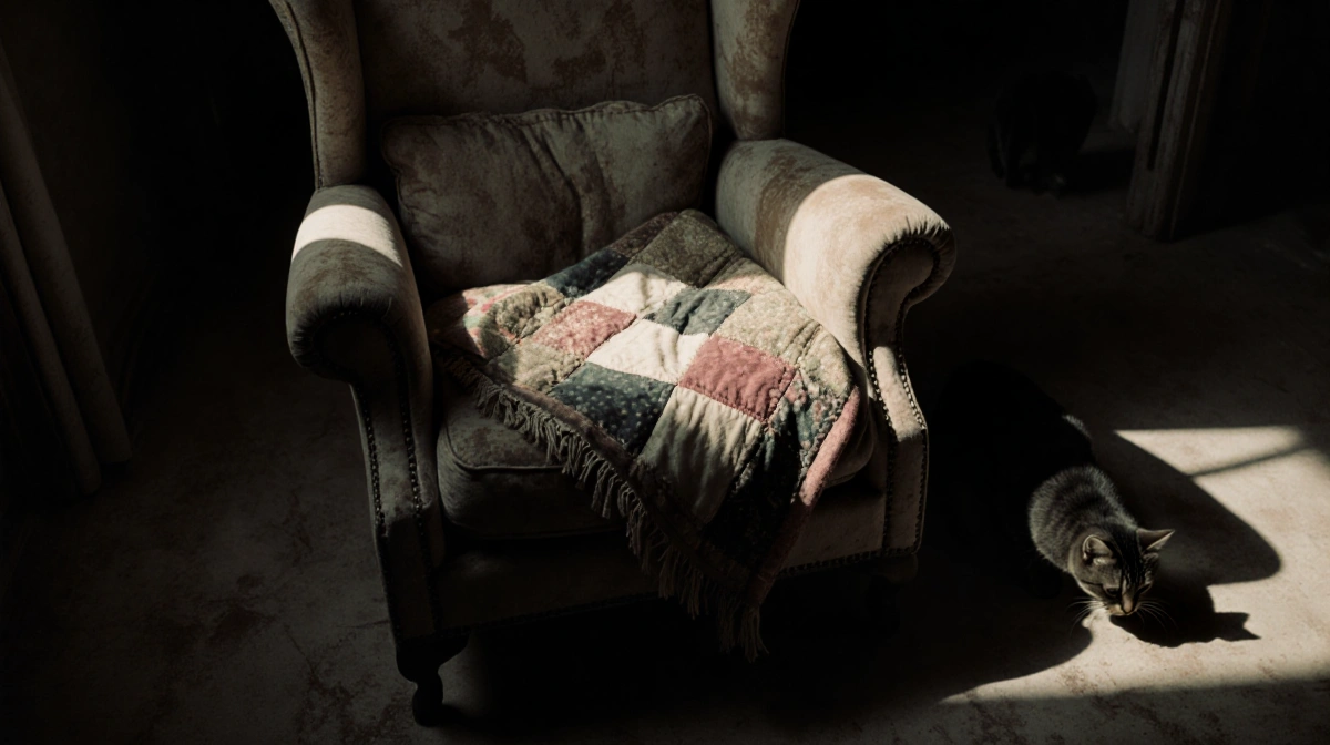 Old armchair holds faded patchwork blanket with cat searching floor nearby in dim nostalgic room