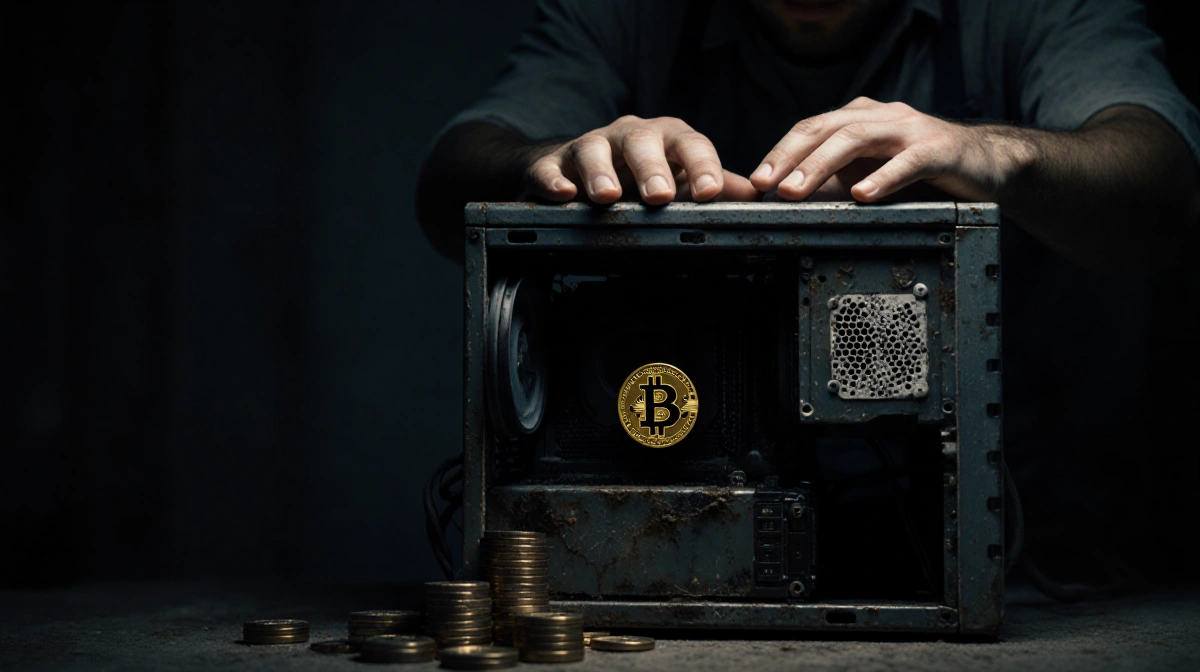 Miner touching worn mining rig with cracked Bitcoin sticker and dusty cryptocurrency coins showing crypto mining decline