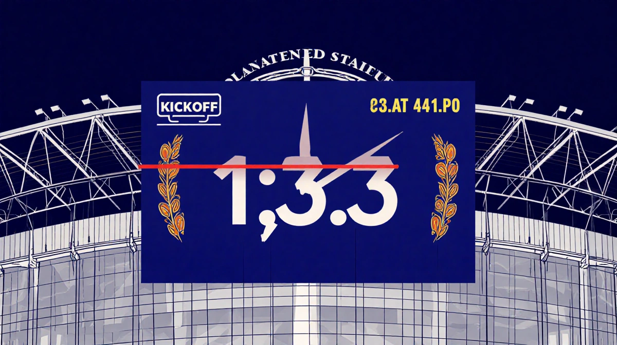 Old Trafford stadium clock showing noon with kickoff time 1:30 PM displayed against dark blue background and grid lines