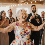 Older woman dancing in vibrant wedding dress with golden light and husband smiling nearby