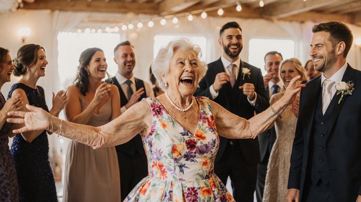 Older woman dancing in vibrant wedding dress with golden light and husband smiling nearby