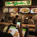 Satisfied customer ordering meal with phone showing new Olive Garden menu options.
