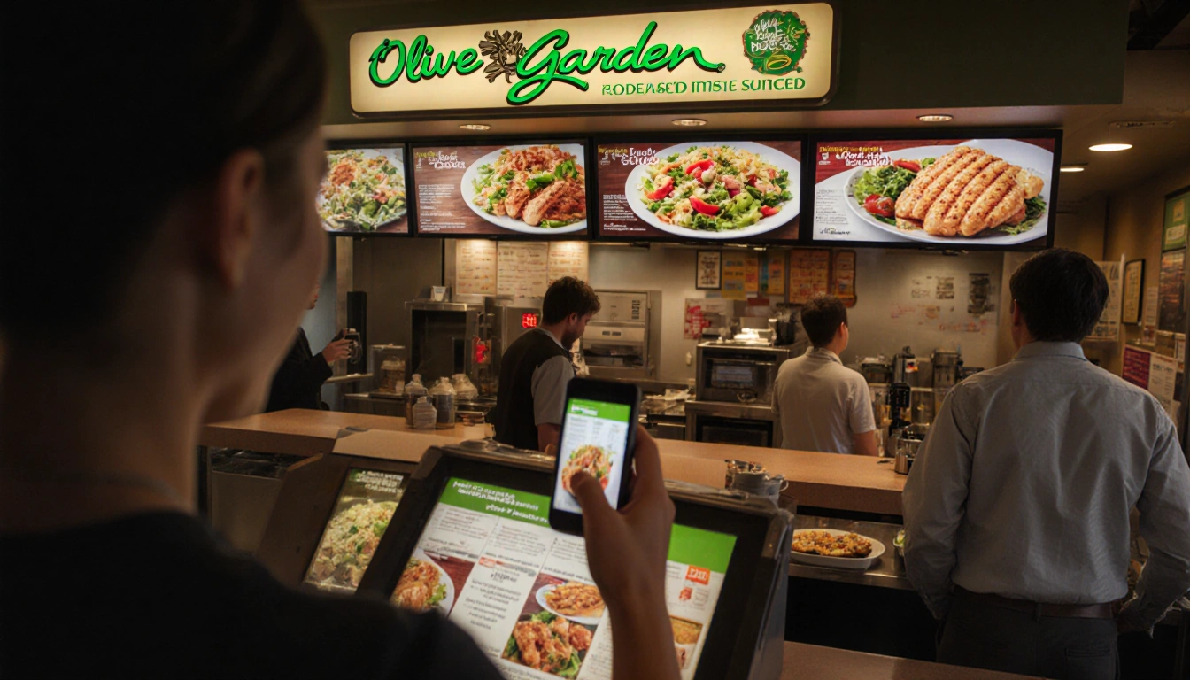Satisfied customer ordering meal with phone showing new Olive Garden menu options.