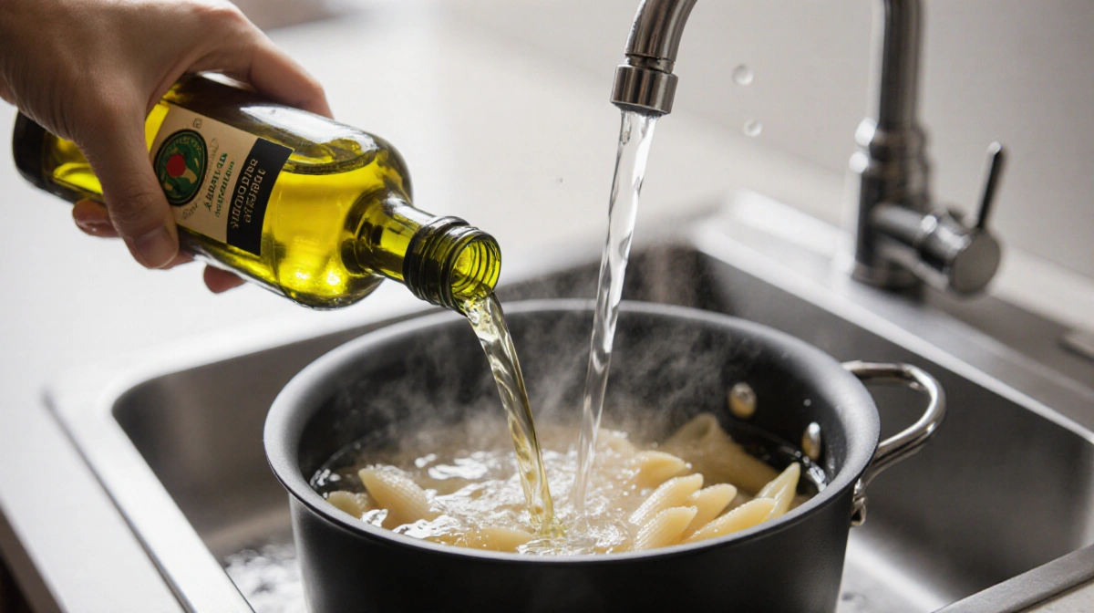 Golden olive oil streaming into the drain with pasta pot and kitchen sink showing wasted cooking oil