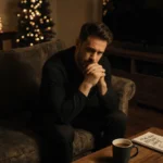 Oliver Stark sits on worn couch with head in hands and coffee nearby showing quiet New Year reflection