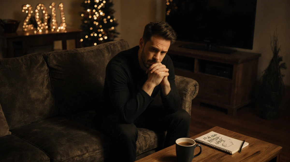 Oliver Stark sits on worn couch with head in hands and coffee nearby showing quiet New Year reflection