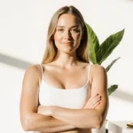 Olivia Bowen stands confidently with arms crossed and glowing skin beside a green plant with gold makeup palette nearby