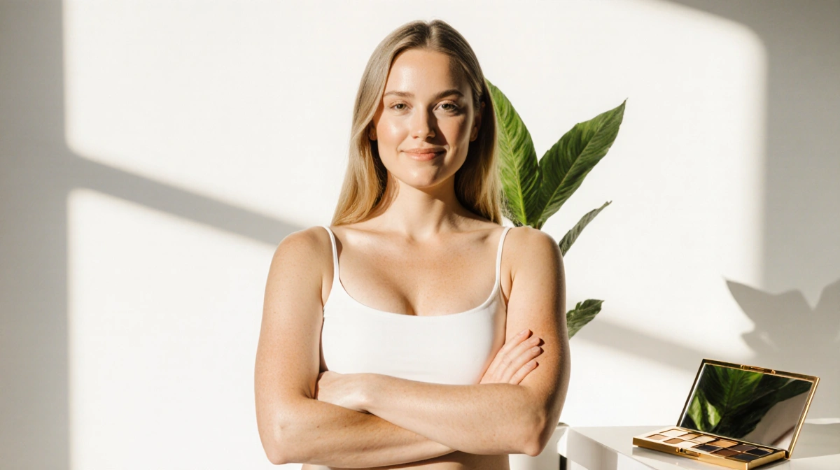 Olivia Bowen stands confidently with arms crossed and glowing skin beside a green plant with gold makeup palette nearby