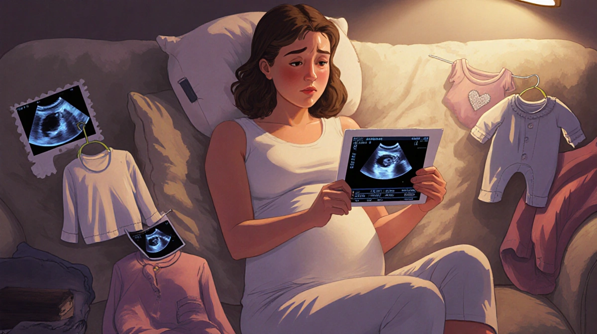 Olivia Bowen holding ultrasound photo with pregnancy pillow and baby clothes showing tender emotion