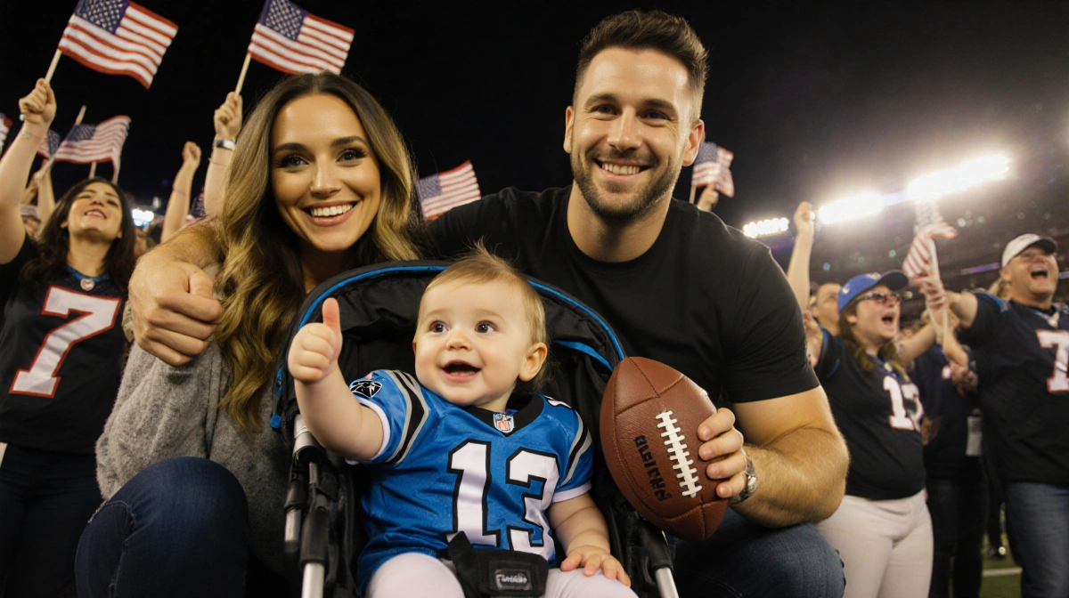 Olivia Culpo and Christian McCaffrey posing with baby daughter wearing Panthers jersey and football at stadium with cheering