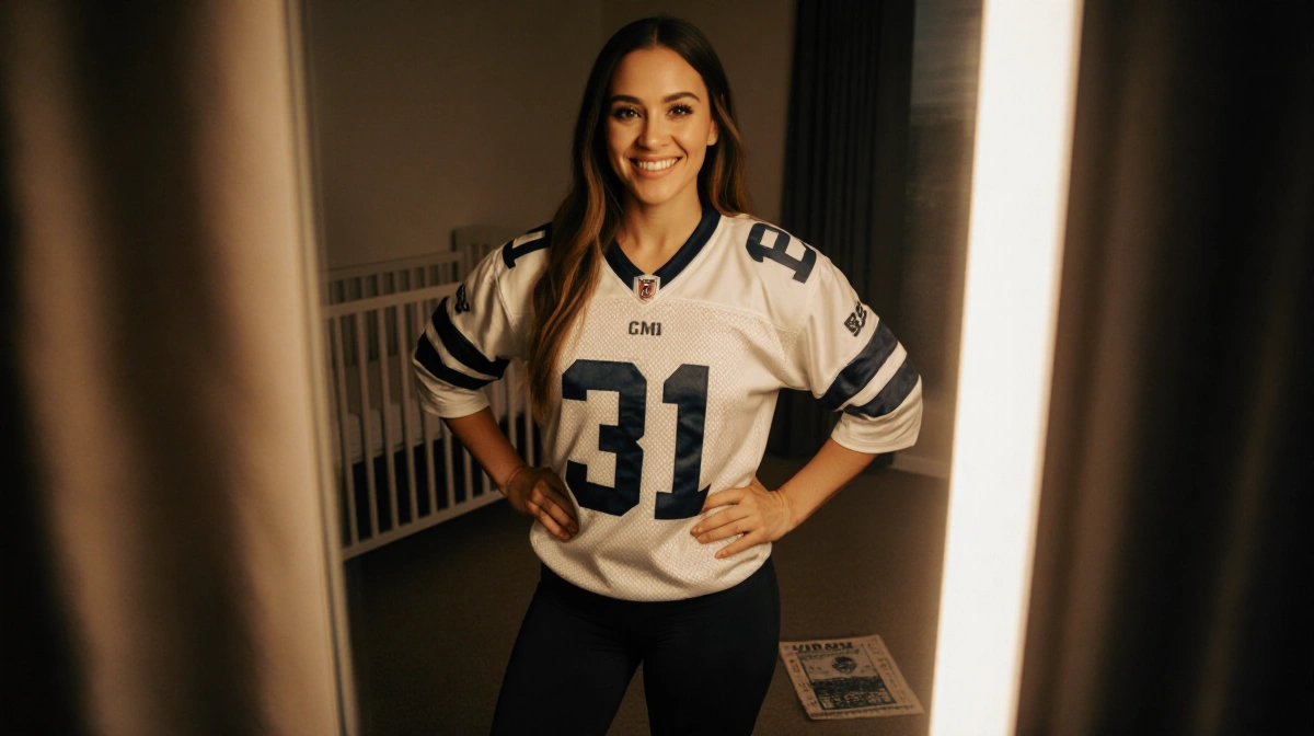 Olivia Culpo posing in vintage jersey with baby crib and football ticket visible behind her