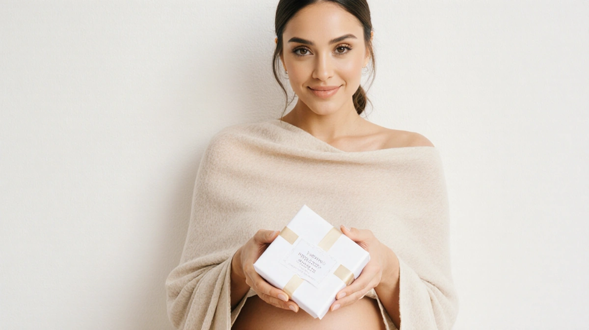 Olivia Culpo sitting with wrapped gift and scarf showing pregnancy secret with anticipation