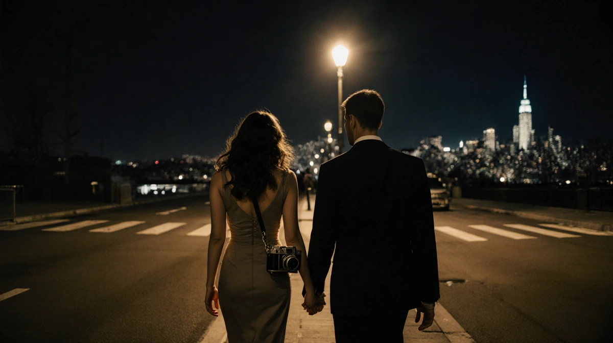 Olivia Jade and Jacob Elordi walking hand-in-hand with vintage camera and 1920s fashion under warm NYC streetlamp