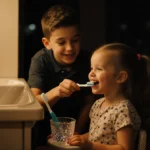 Young brother brushing toddler sister