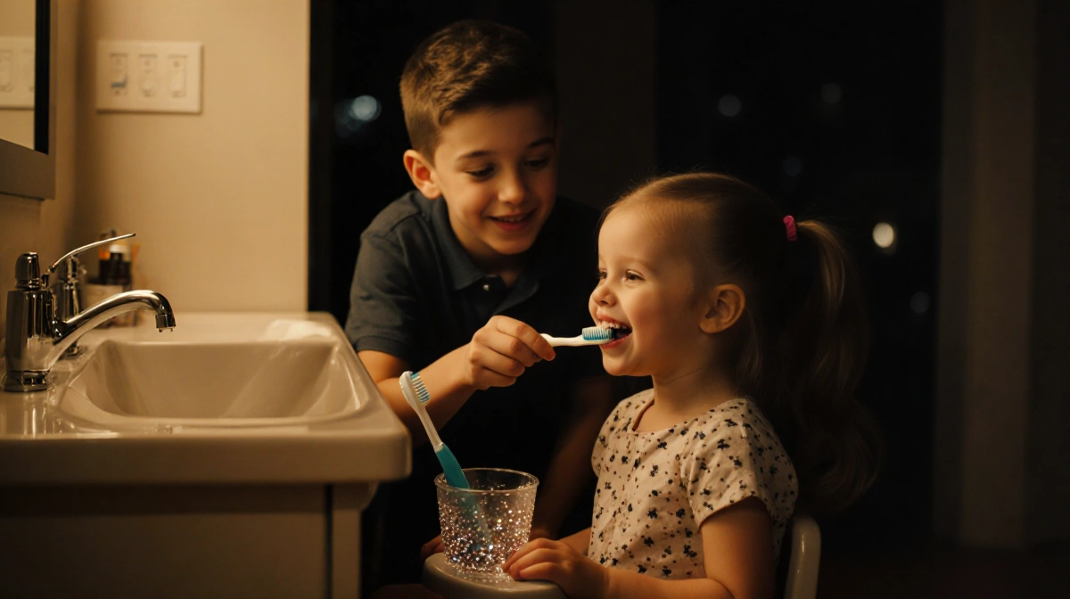 Young brother brushing toddler sister