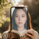 Olivia Yokubonis holding a book with blurred phone screen behind her and soft natural lighting