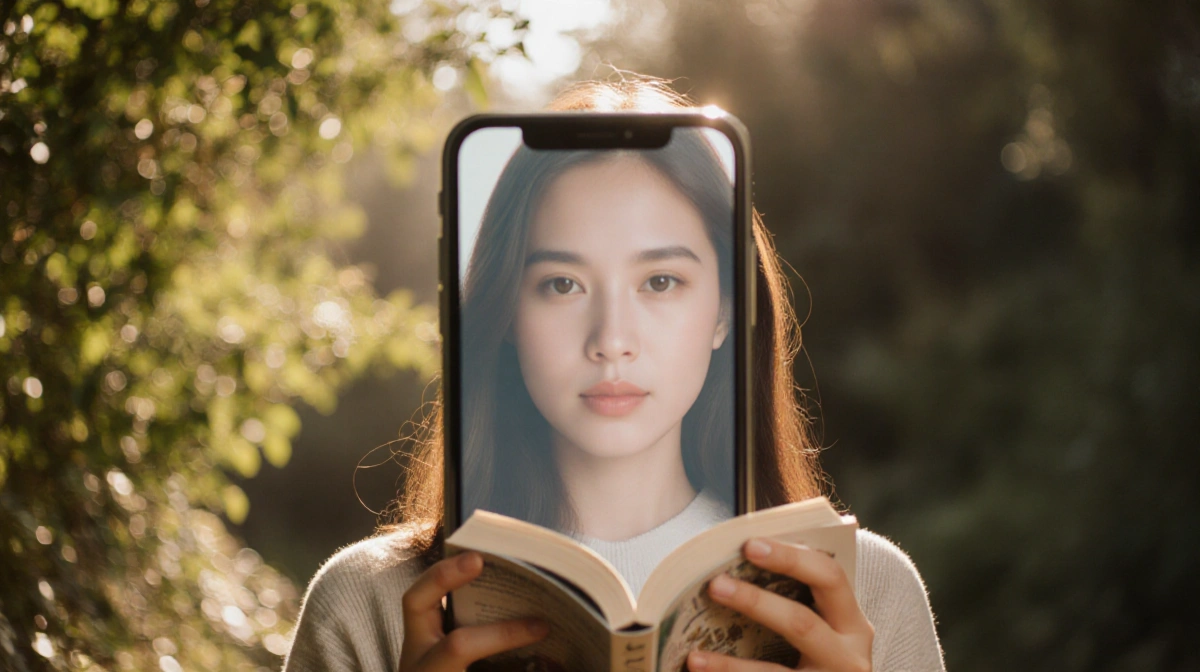 Olivia Yokubonis holding a book with blurred phone screen behind her and soft natural lighting