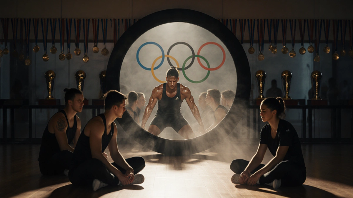 Olympic athletes training and meditating in serene gym with medals on wooden floor