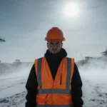 Lone guard stands at Winter Olympics construction site with orange hard hat and reflective vest against moonlit snow