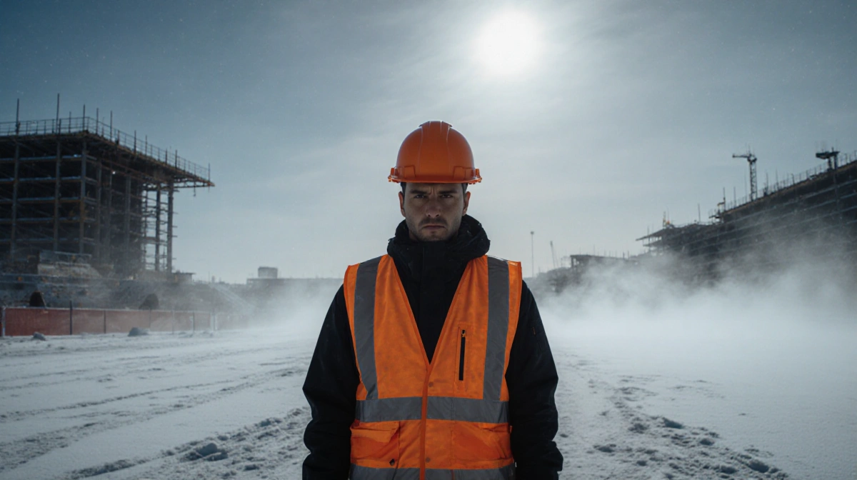 Lone guard stands at Winter Olympics construction site with orange hard hat and reflective vest against moonlit snow