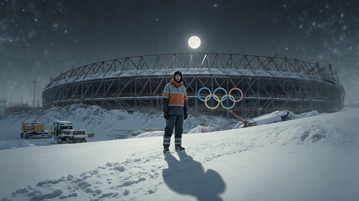 Construction worker stands guard at snowy Olympic site with moonlit equipment and half-built structures behind