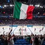 Olympic hockey players clash on glowing ice with Italian flag waving above packed blue and red stadium