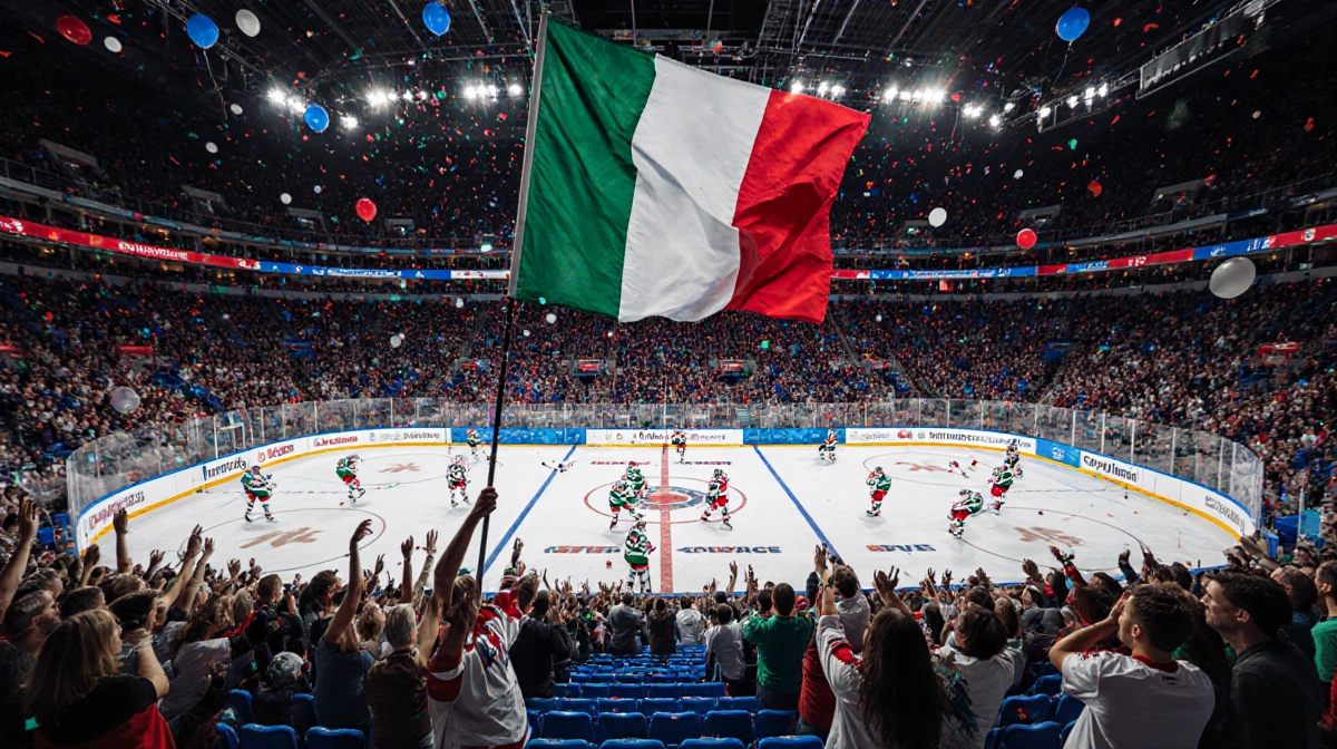 Olympic hockey players clash on glowing ice with Italian flag waving above packed blue and red stadium