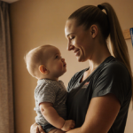 Kaillie Humphries standing with her one-year-old son Aulden with warm golden light and Olympic medals in the background